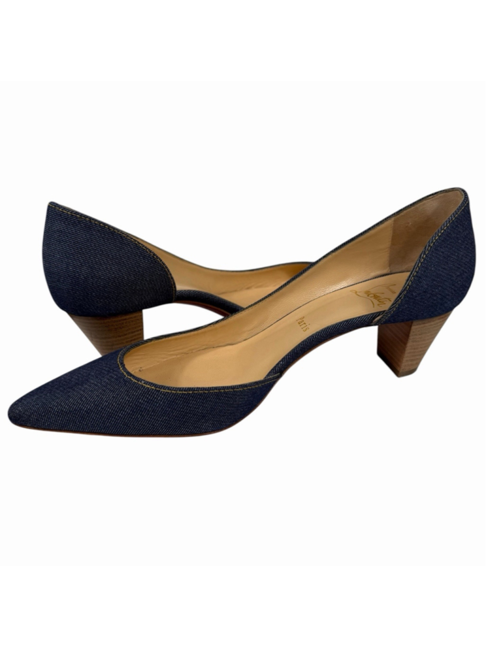 Christian Louboutin Karera 45 Denim Pointed Toe D’Orsay Pumps Wood Heel EU 39 - Picture 11 of 16